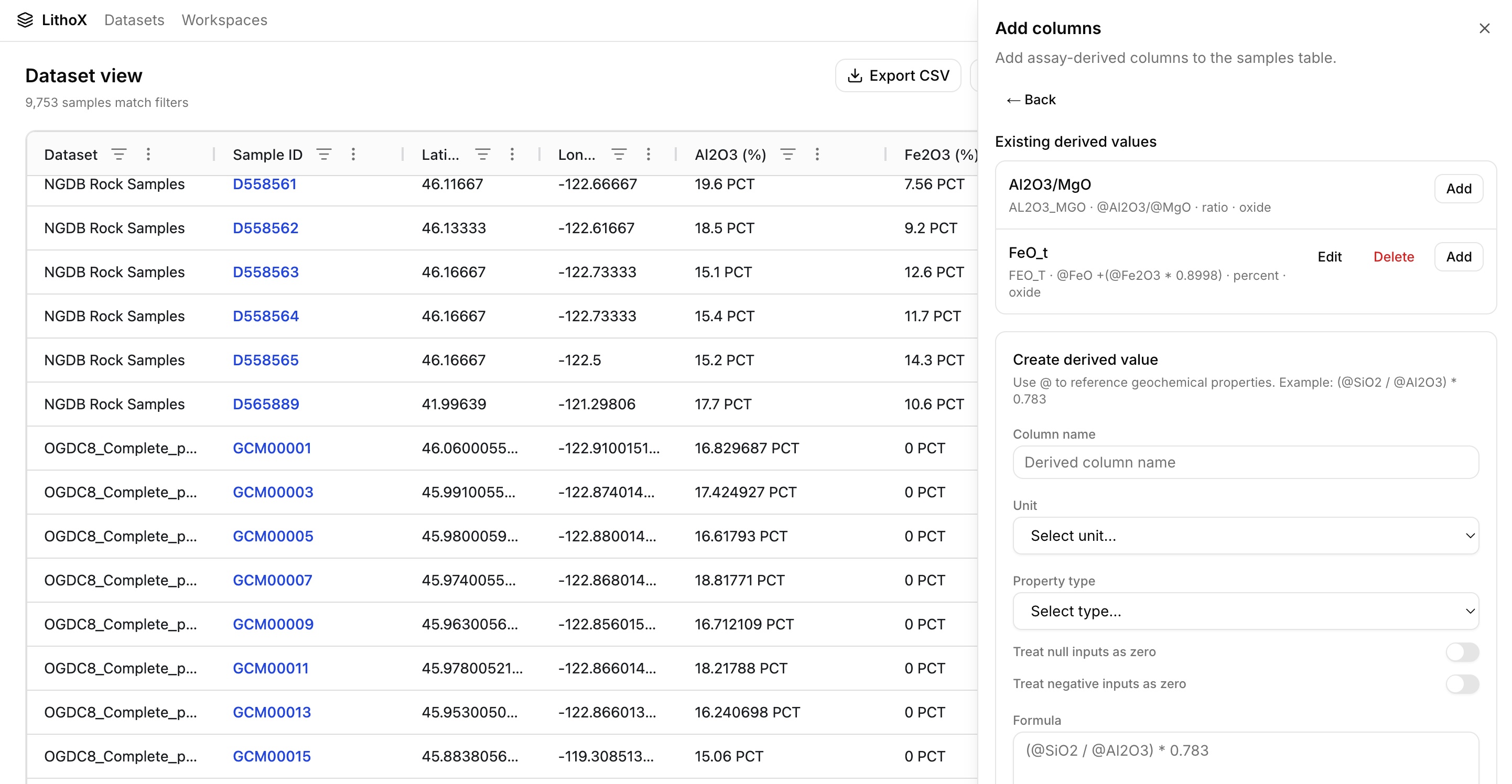LithoX dataset view showing formula-based FeOt derived value with preserved source columns