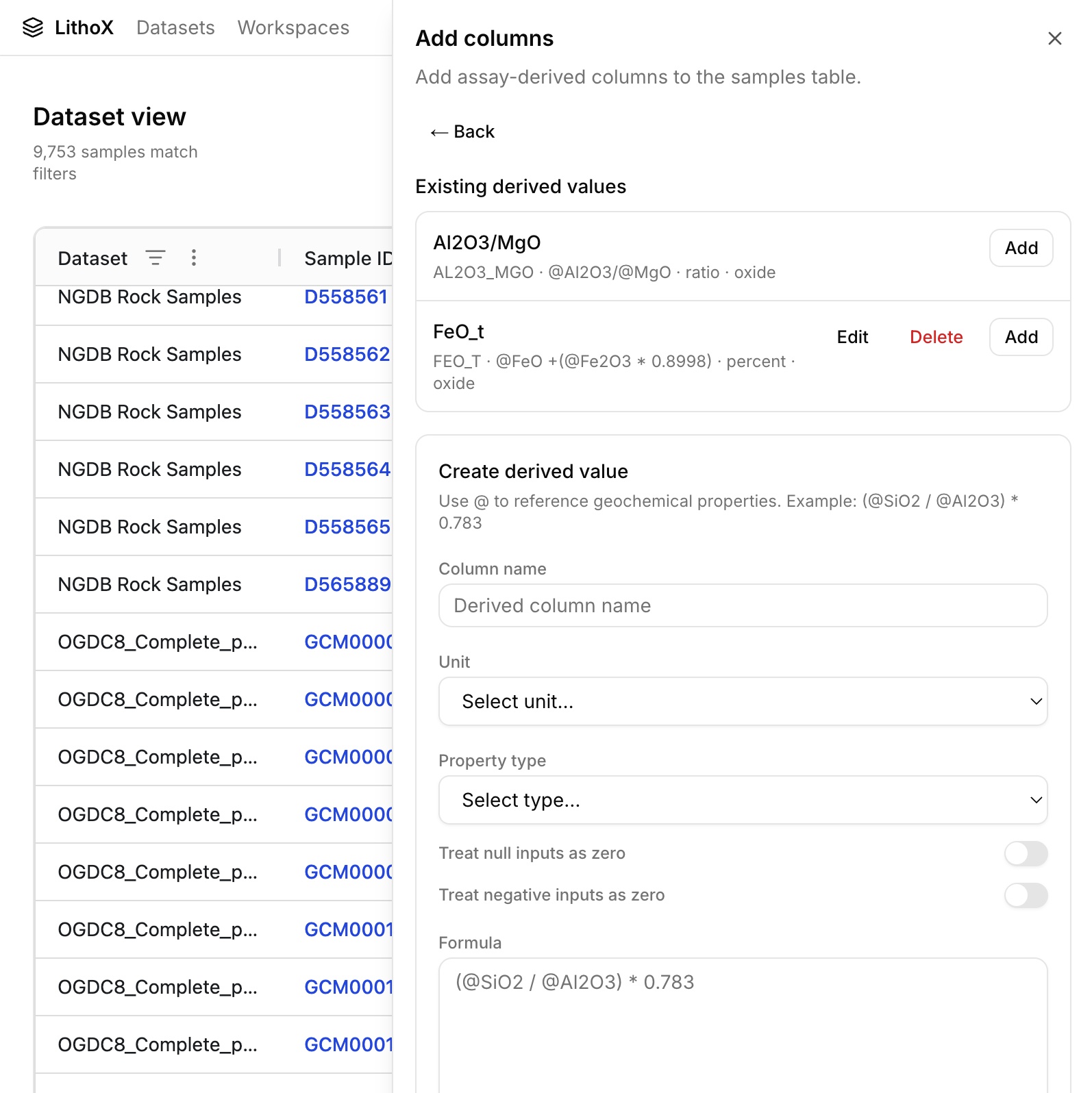 LithoX dataset view showing formula-based FeOt derived value with preserved source columns