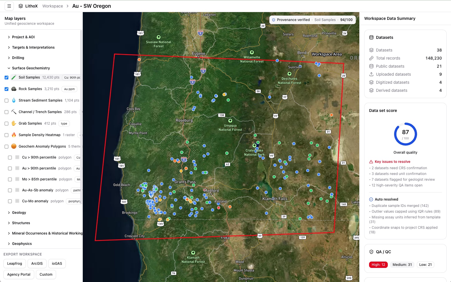 LithoX workspace showing geoscience data and maps