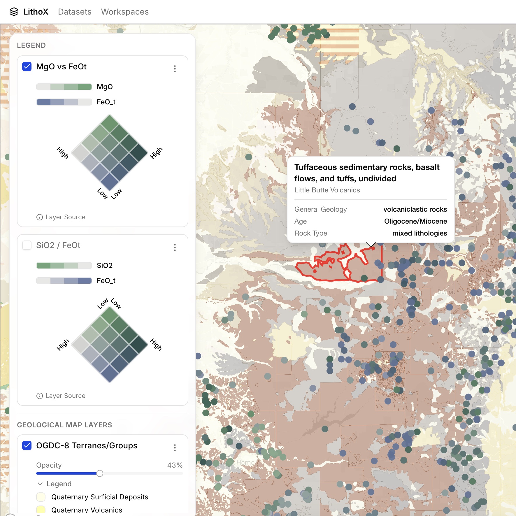 LithoX GIS geological map colored by MgO vs FeOt