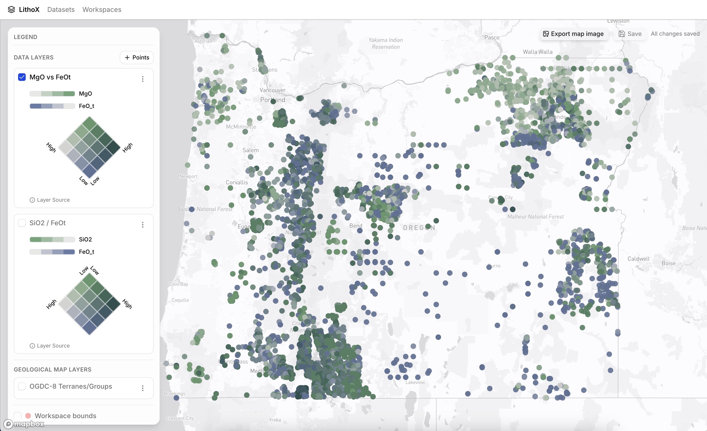 LithoX GIS geochemical map showing MgO vs FeOt for Oregon rock samples