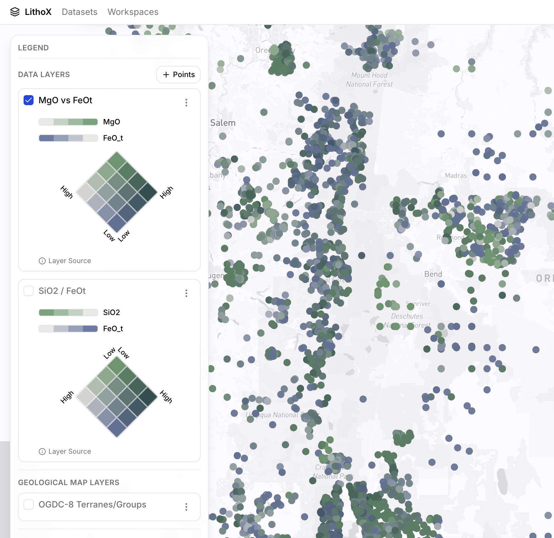 LithoX GIS geochemical map showing MgO vs FeOt for Oregon rock samples