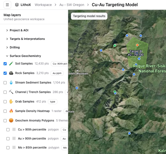 LithoX targeting model map and evidence layers on mobile